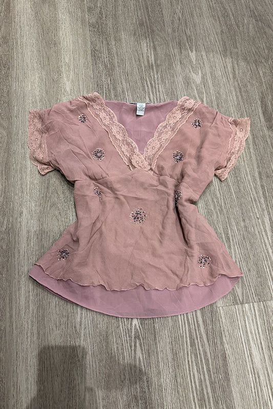 Vintage Carole Little Beaded Short Sleeve Top Pink