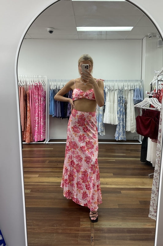 Rosa Mid Waisted Maxi Skirt Floral Pink