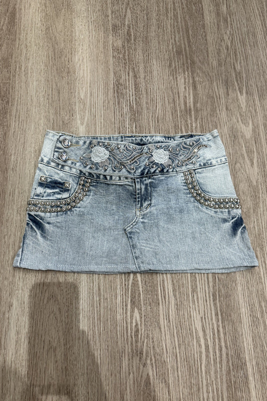 Vintage Mac Plus Embroidered Rose Stud Denim Mini Skirt