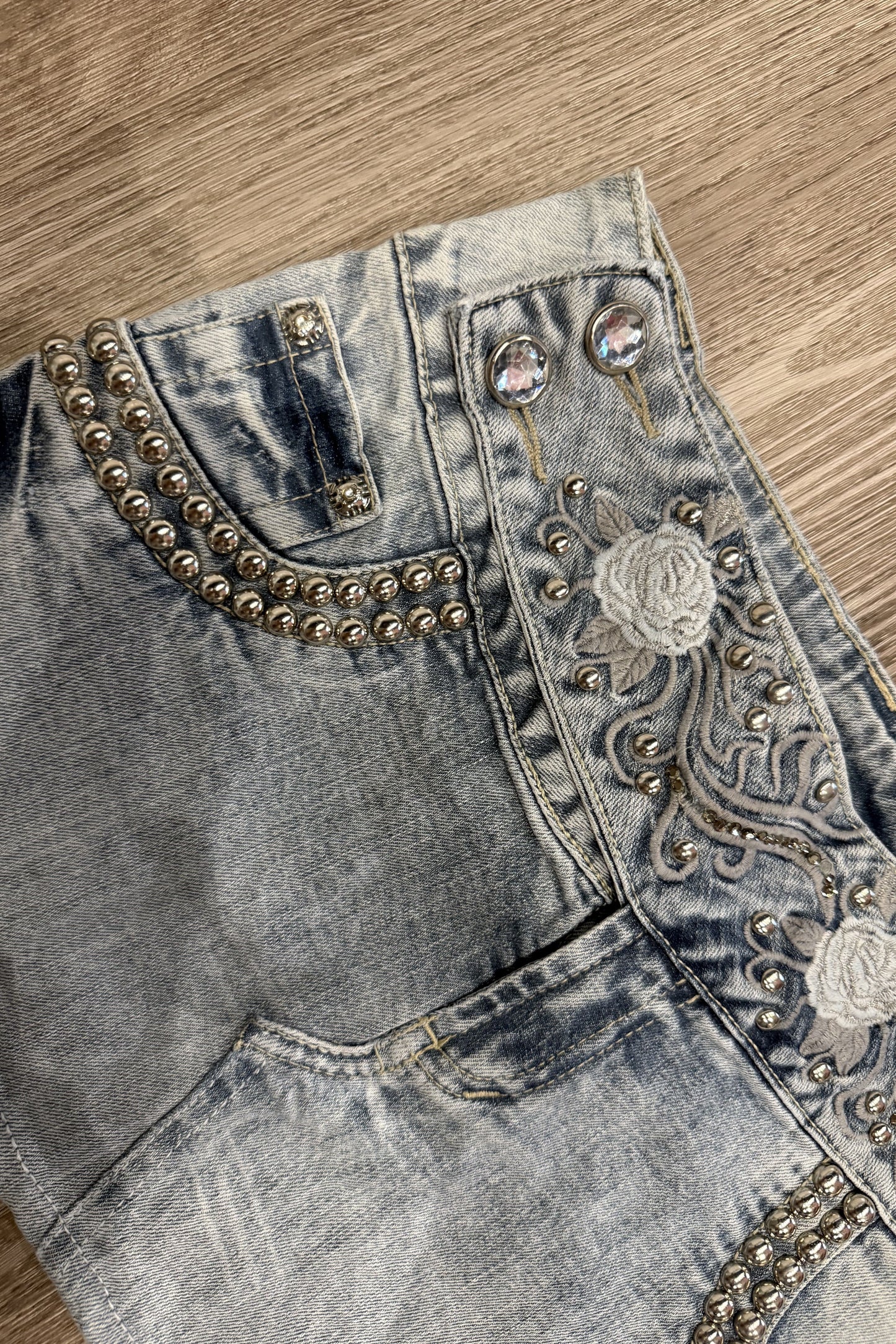 Vintage Mac Plus Embroidered Rose Stud Denim Mini Skirt