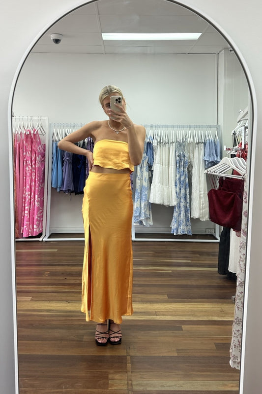 Serena High Waisted Split Maxi Skirt Silky Orange