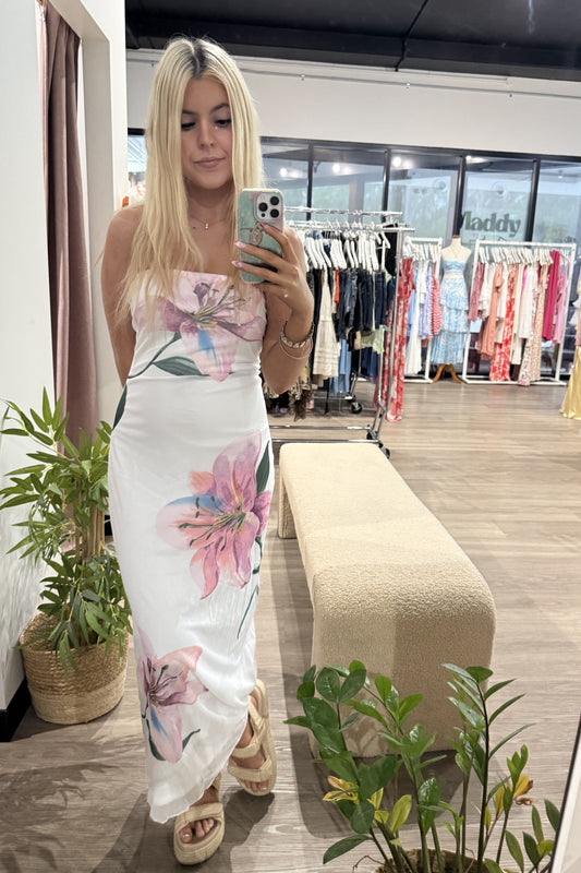 Tamara Strapless Floral Maxi Dress White/Purple