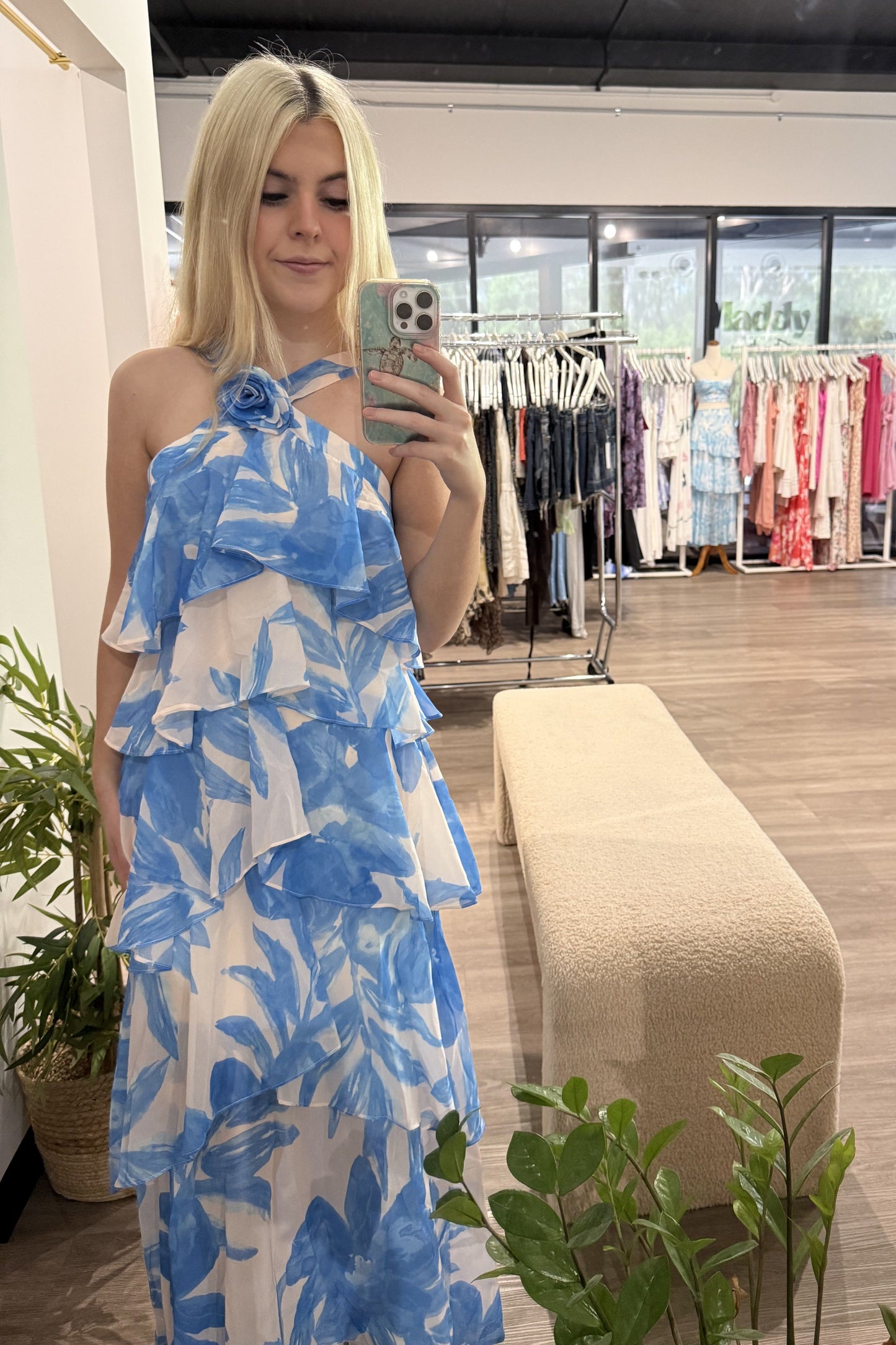 Xanthe Tiered Floral Rosette Maxi Dress Blue