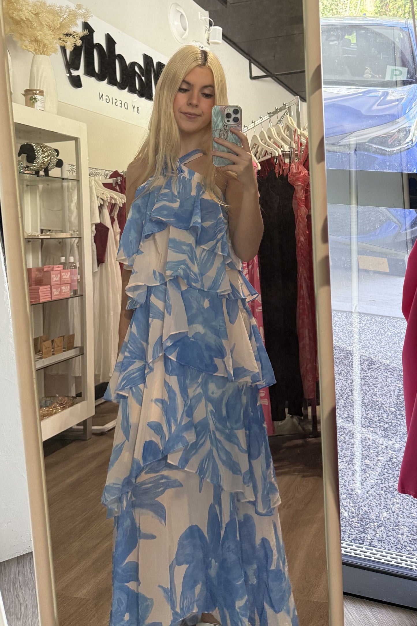 Xanthe Tiered Floral Rosette Maxi Dress Blue