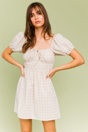 mini dress gingham beige puff sleeve detail shirred waist