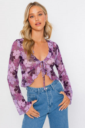 Mesh Purple Floral Crop Top Tie Front Detail Long Sleeve