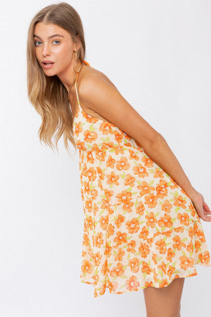 halter neck mini dress orange floral print ruffle hem detail